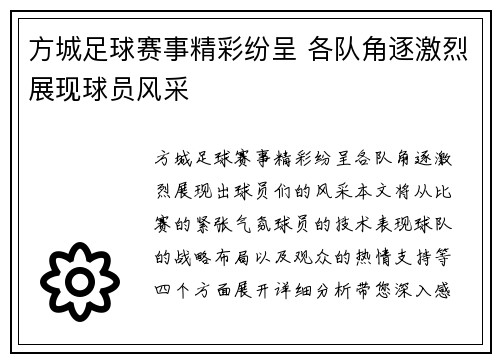 方城足球赛事精彩纷呈 各队角逐激烈展现球员风采