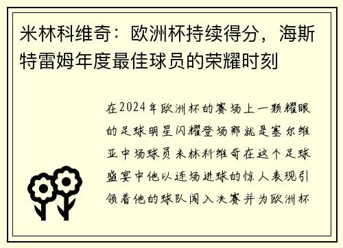 米林科维奇：欧洲杯持续得分，海斯特雷姆年度最佳球员的荣耀时刻
