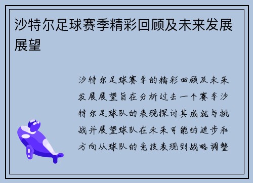 沙特尔足球赛季精彩回顾及未来发展展望