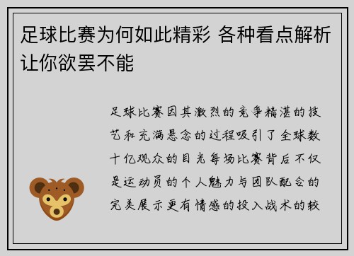足球比赛为何如此精彩 各种看点解析让你欲罢不能