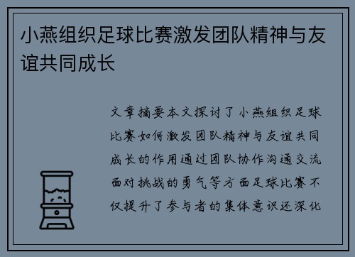 小燕组织足球比赛激发团队精神与友谊共同成长