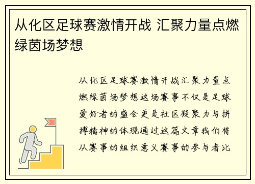 从化区足球赛激情开战 汇聚力量点燃绿茵场梦想
