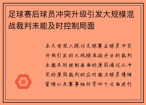 足球赛后球员冲突升级引发大规模混战裁判未能及时控制局面