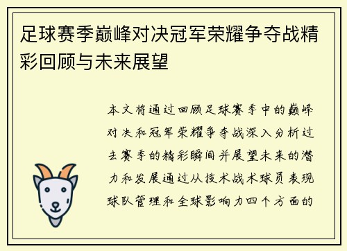 足球赛季巅峰对决冠军荣耀争夺战精彩回顾与未来展望
