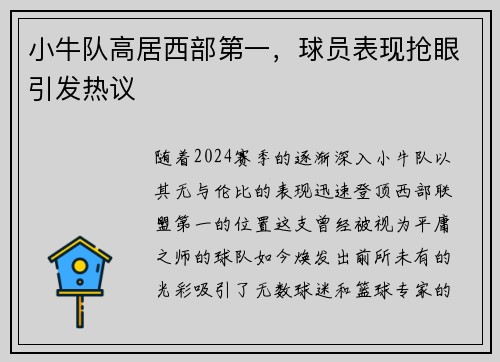 小牛队高居西部第一，球员表现抢眼引发热议
