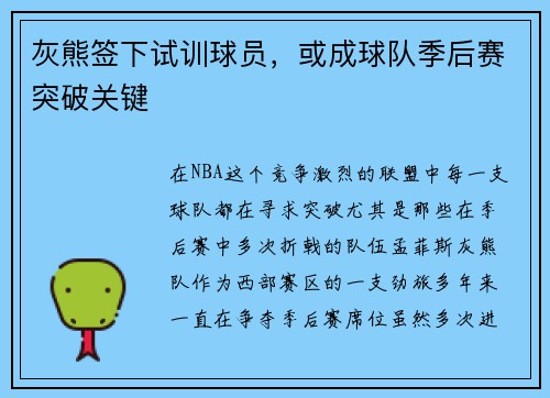 灰熊签下试训球员，或成球队季后赛突破关键