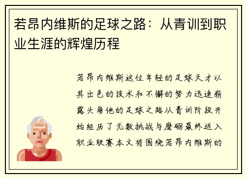 若昂内维斯的足球之路：从青训到职业生涯的辉煌历程