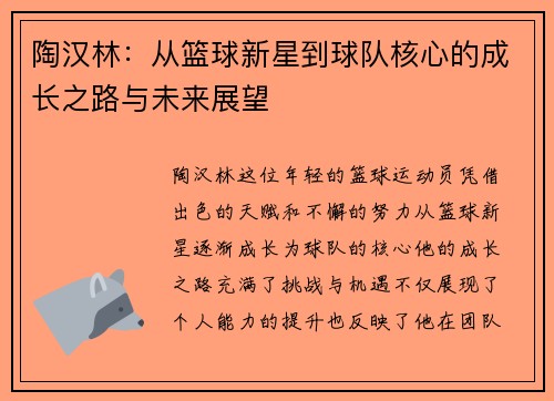 陶汉林：从篮球新星到球队核心的成长之路与未来展望