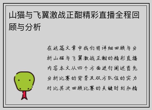 山猫与飞翼激战正酣精彩直播全程回顾与分析