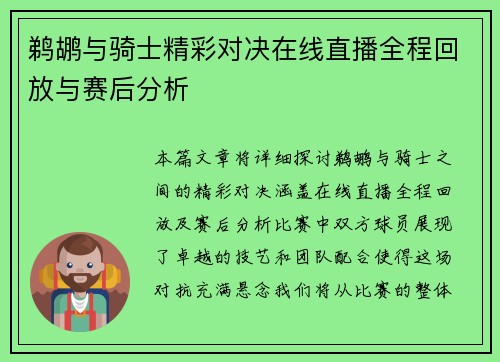 鹈鹕与骑士精彩对决在线直播全程回放与赛后分析