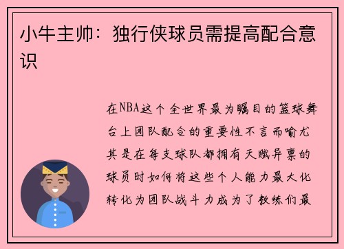 小牛主帅：独行侠球员需提高配合意识