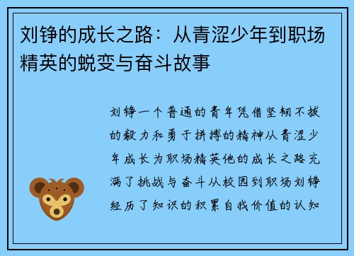 刘铮的成长之路：从青涩少年到职场精英的蜕变与奋斗故事