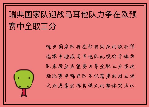 瑞典国家队迎战马耳他队力争在欧预赛中全取三分