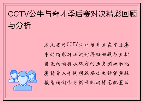 CCTV公牛与奇才季后赛对决精彩回顾与分析