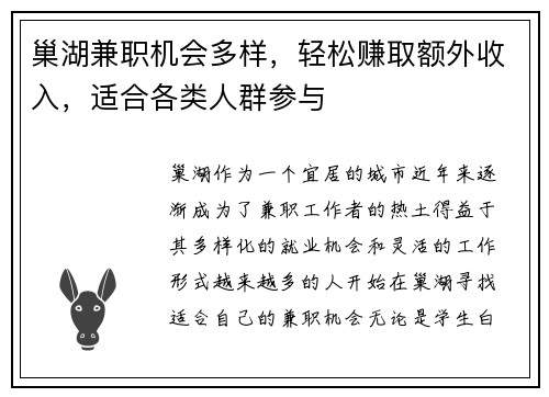 巢湖兼职机会多样，轻松赚取额外收入，适合各类人群参与