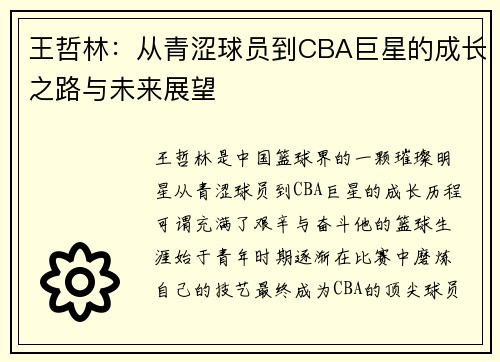 王哲林：从青涩球员到CBA巨星的成长之路与未来展望