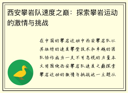 西安攀岩队速度之巅：探索攀岩运动的激情与挑战